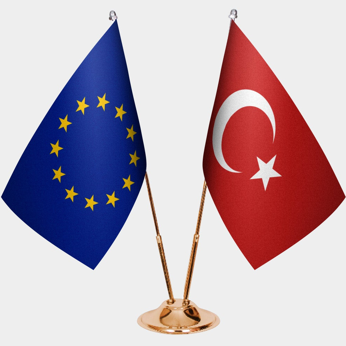 European Union and Türkiye dual desk flag set with gold pedestal, satin office table flag
