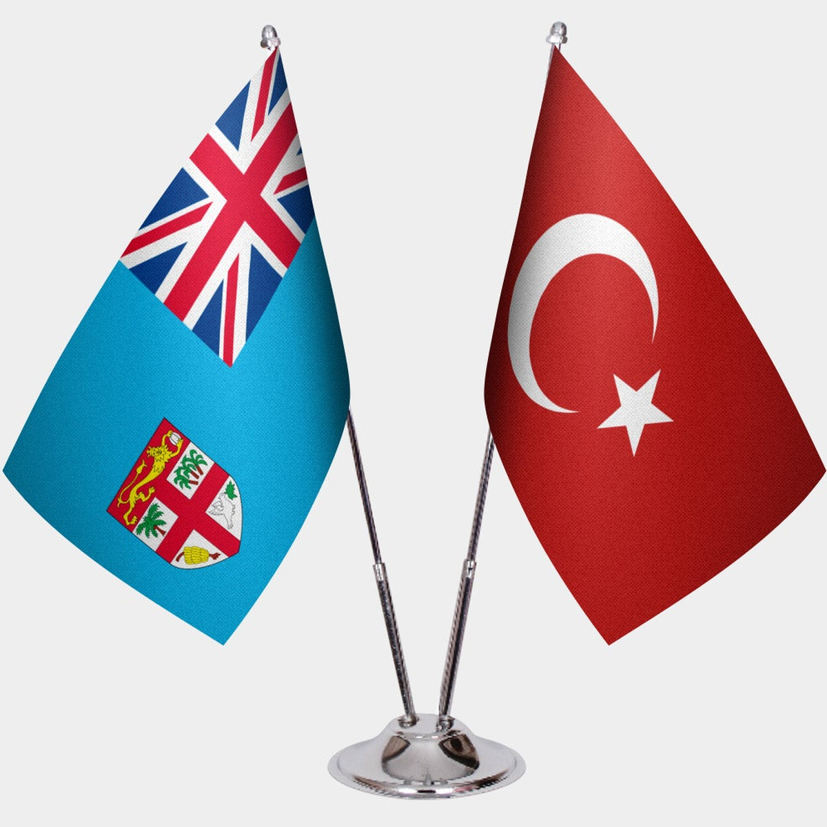 Fiji and Türkiye dual desk flag set with chrome silver pedestal, satin office table flag