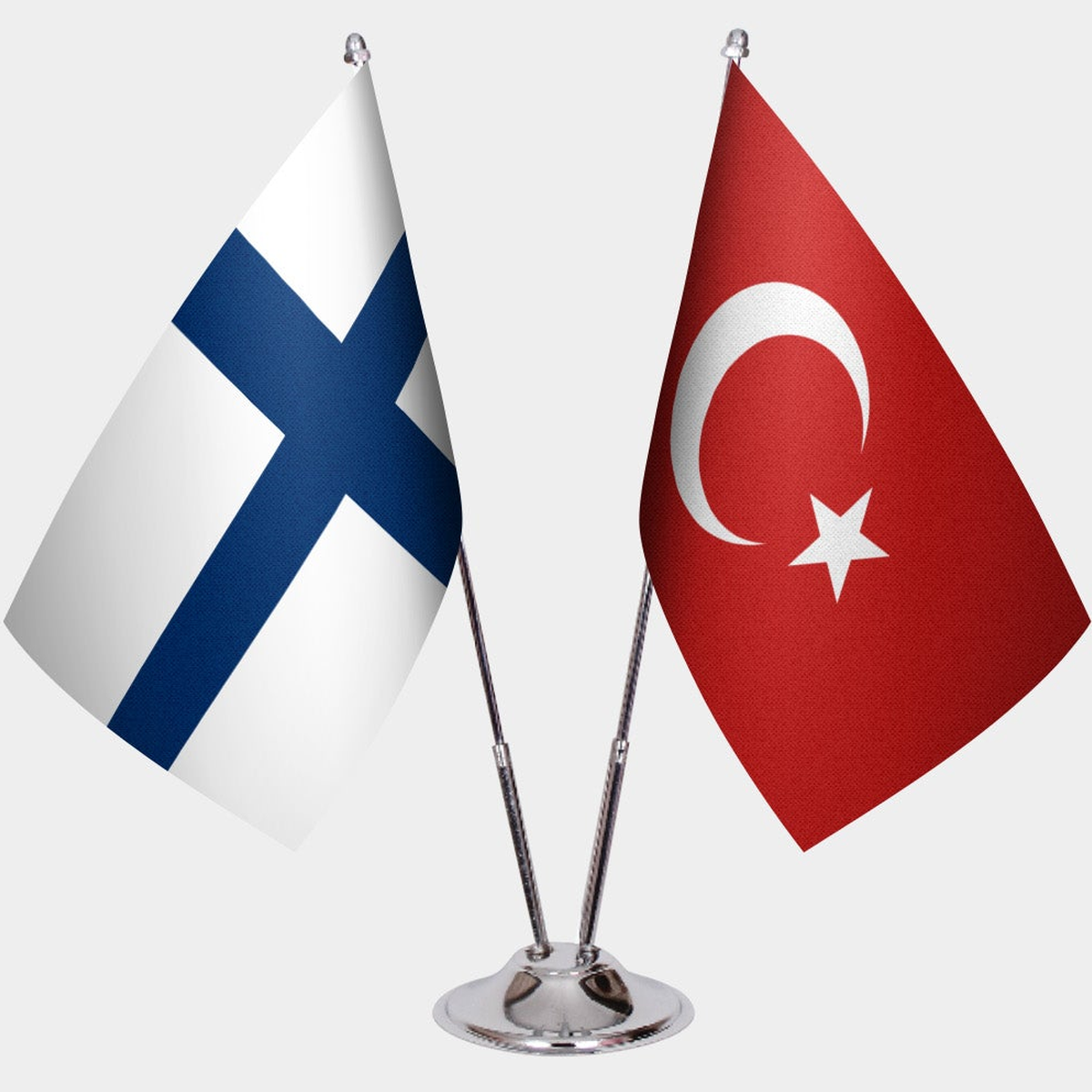 Finland and Türkiye dual desk flag set with chrome silver pedestal, satin office table flag