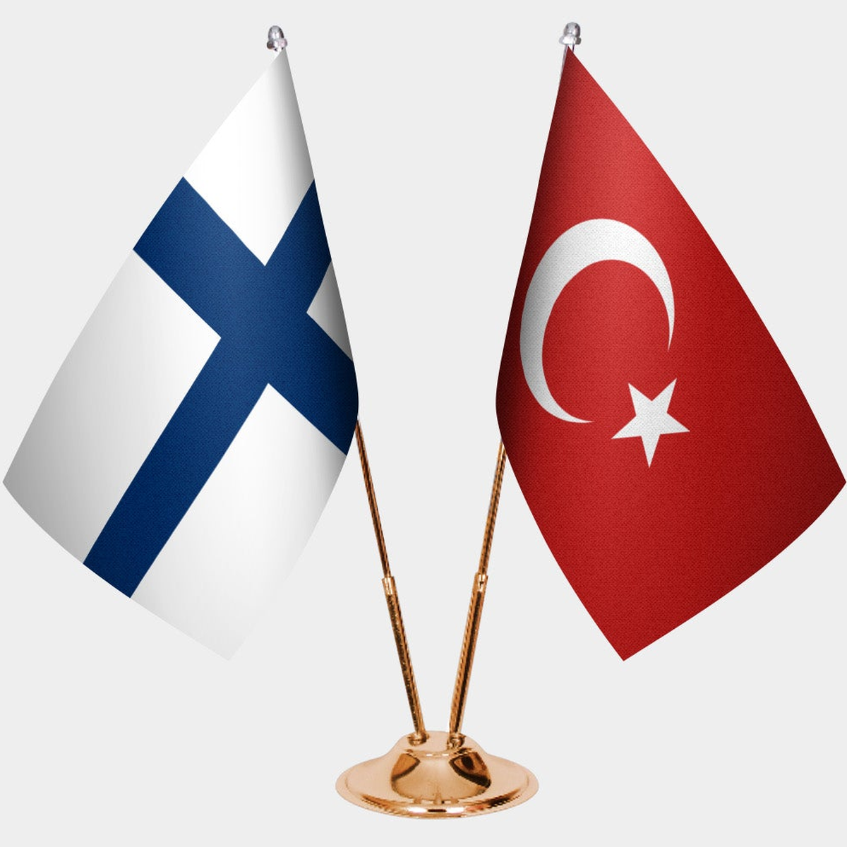 Finland and Türkiye dual desk flag set with gold pedestal, satin office table flag