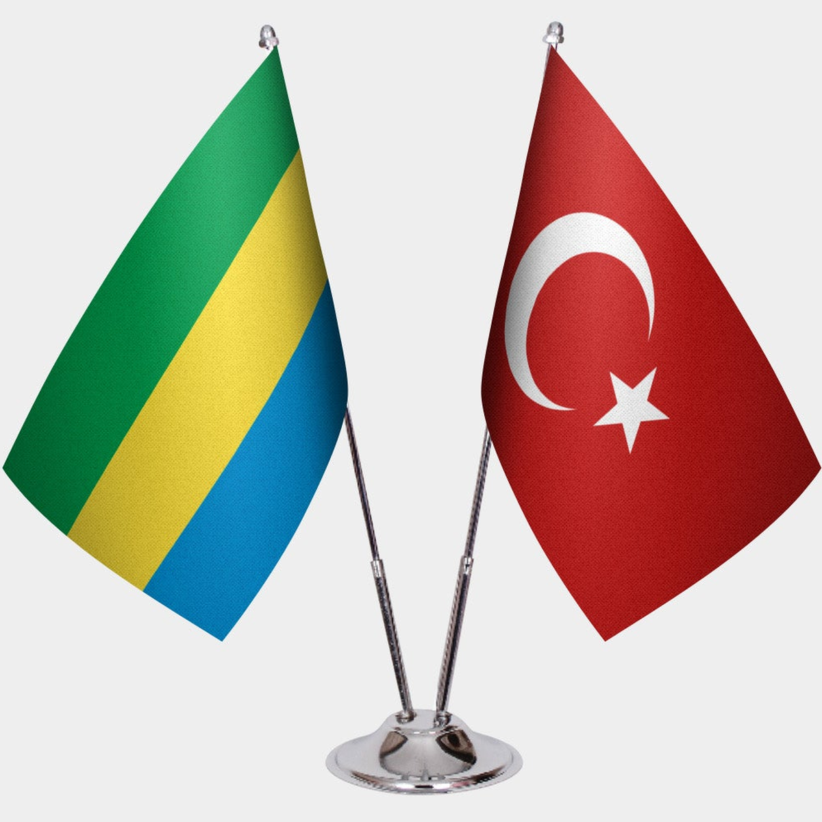 Gabon and Türkiye dual desk flag set with chrome silver pedestal, satin office table flag