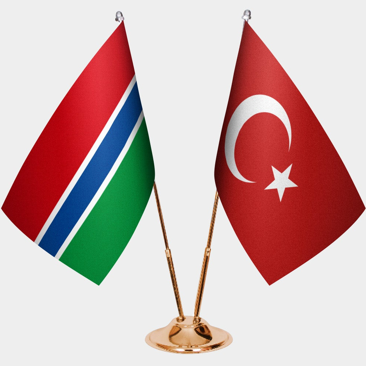 Gambia and Türkiye dual desk flag set with gold pedestal, satin office table flag