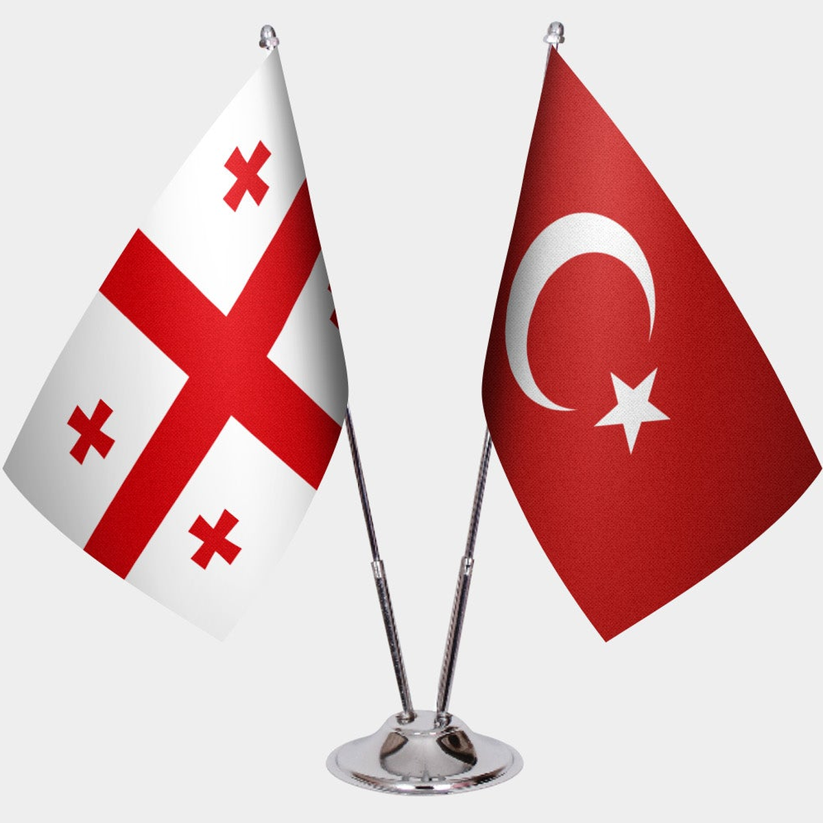 Georgia and Türkiye dual desk flag set with chrome silver pedestal, satin office table flag