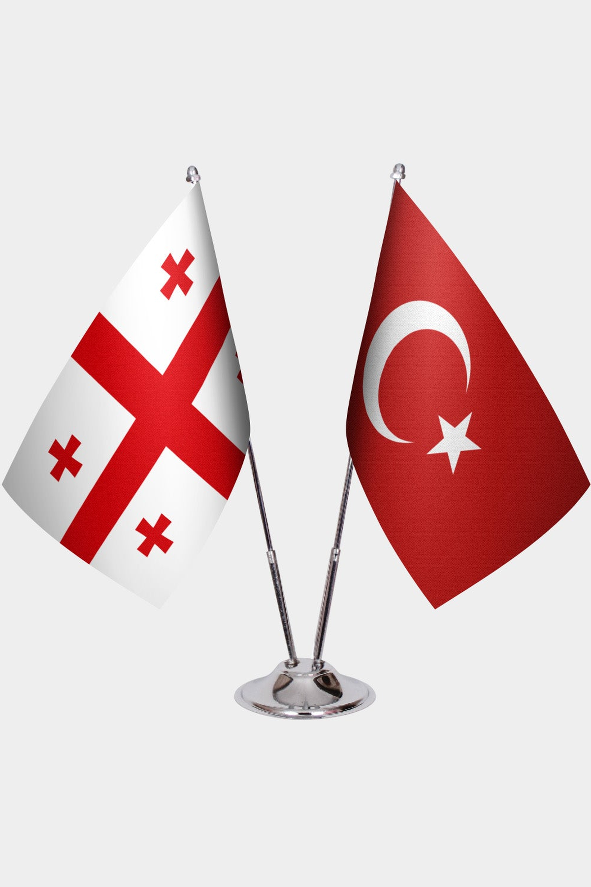 Georgia and Türkiye dual desk flag set with chrome silver pedestal, satin office table flag