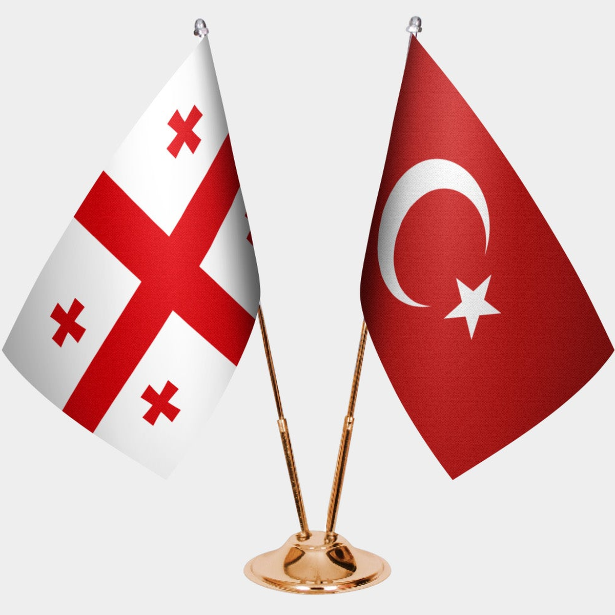 Georgia and Türkiye dual desk flag set with gold pedestal, satin office table flag