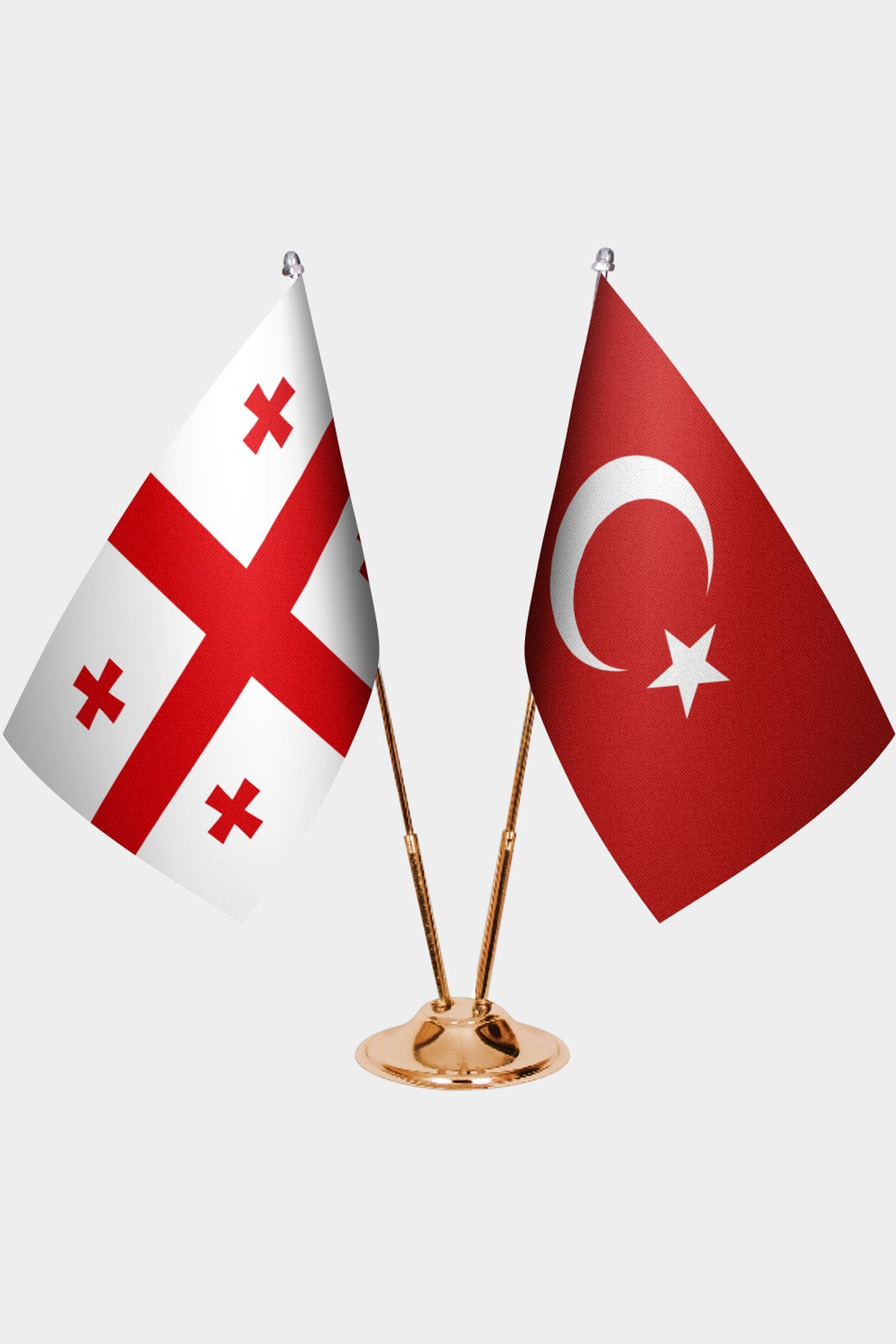 Georgia and Türkiye dual desk flag set with gold pedestal, satin office table flag
