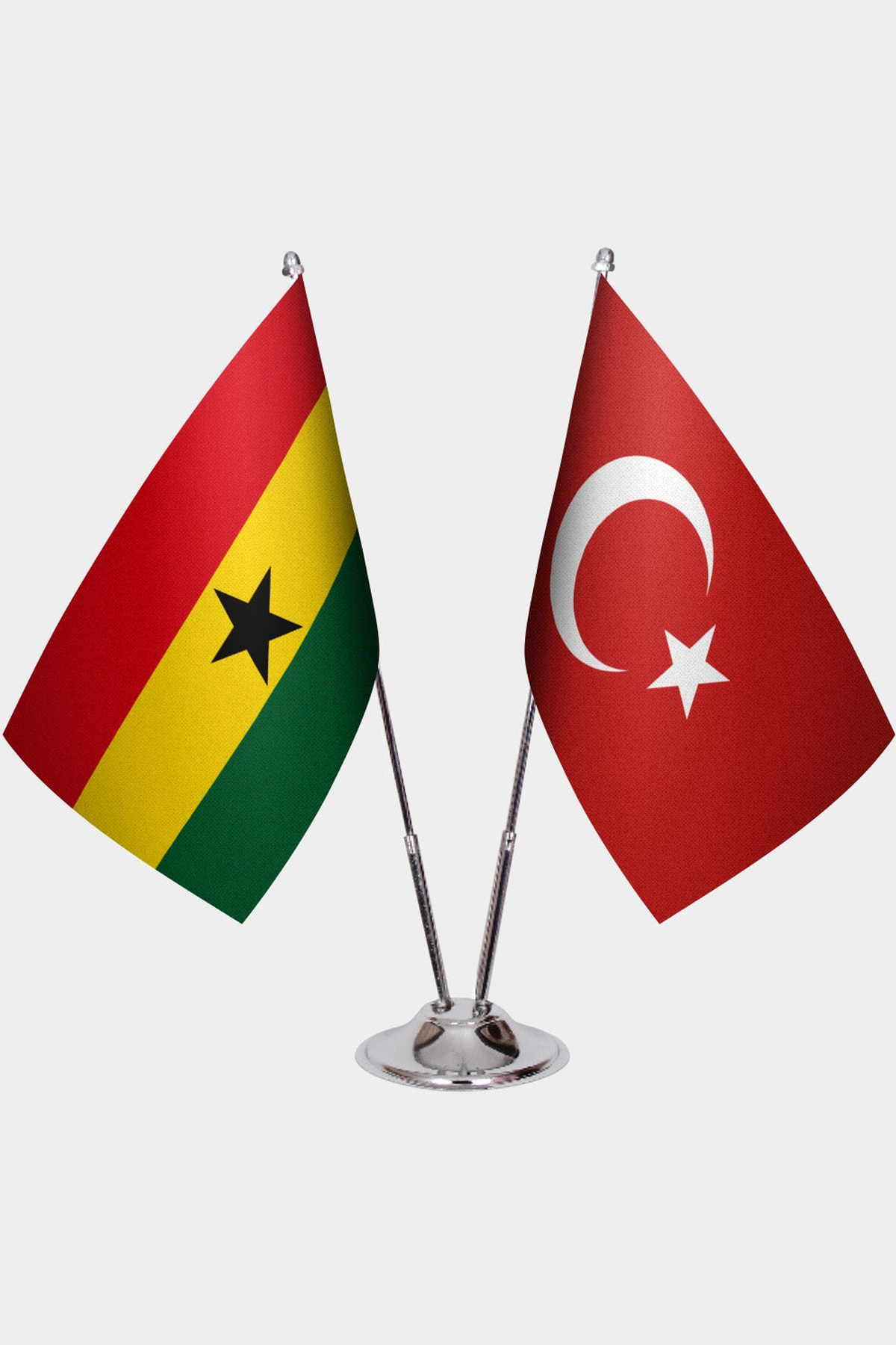 Ghana and Türkiye dual desk flag set with chrome silver pedestal, satin office table flag