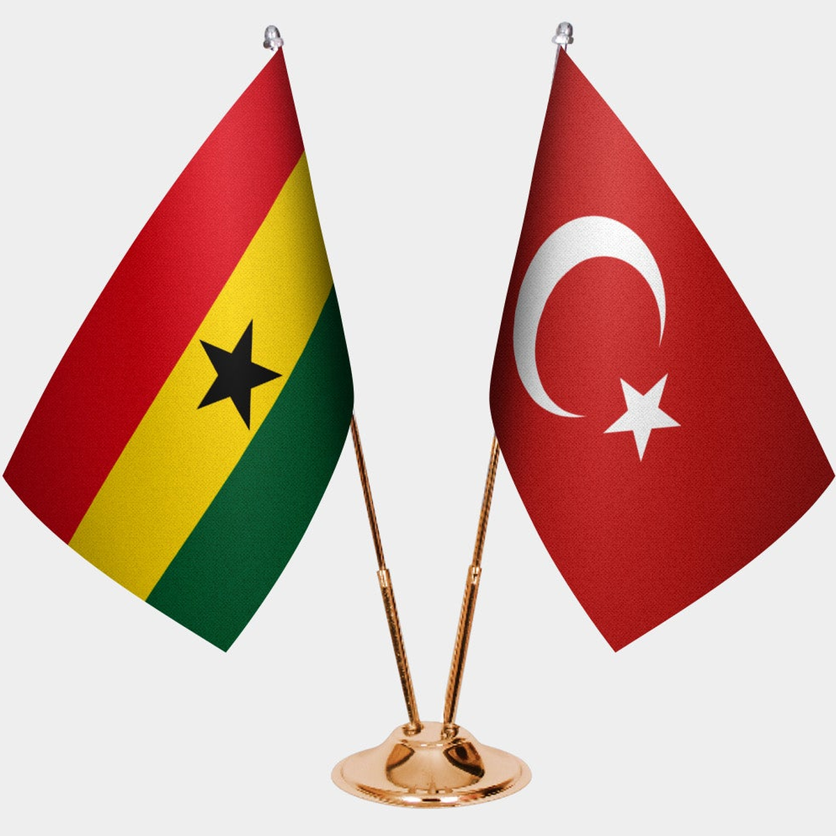 Ghana and Türkiye dual desk flag set with gold pedestal, satin office table flag