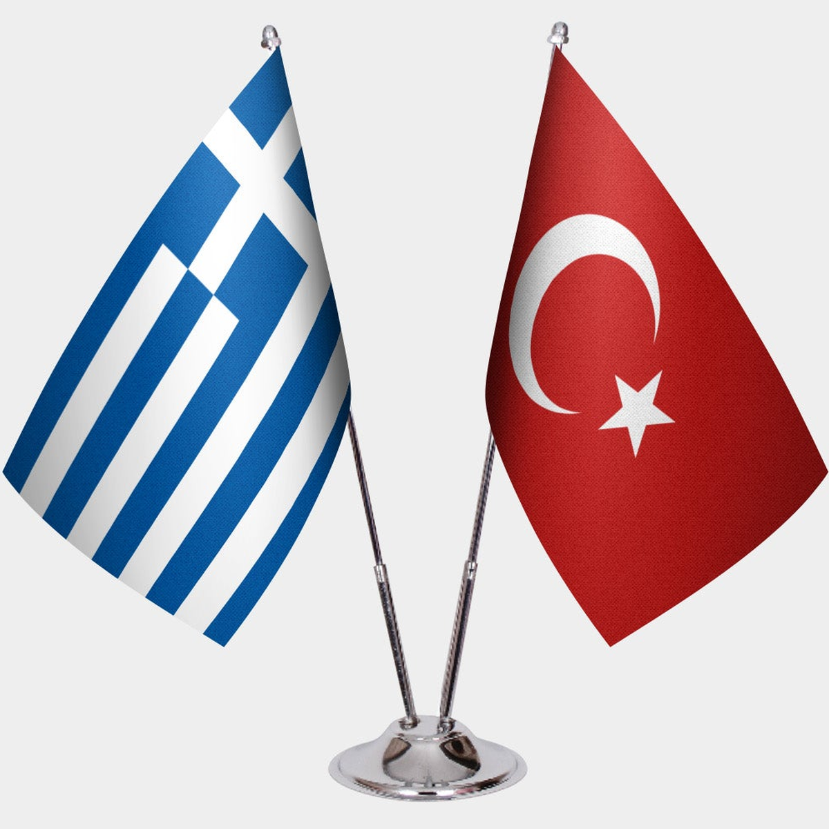 Greece and Türkiye dual desk flag set with chrome silver pedestal, satin office table flag