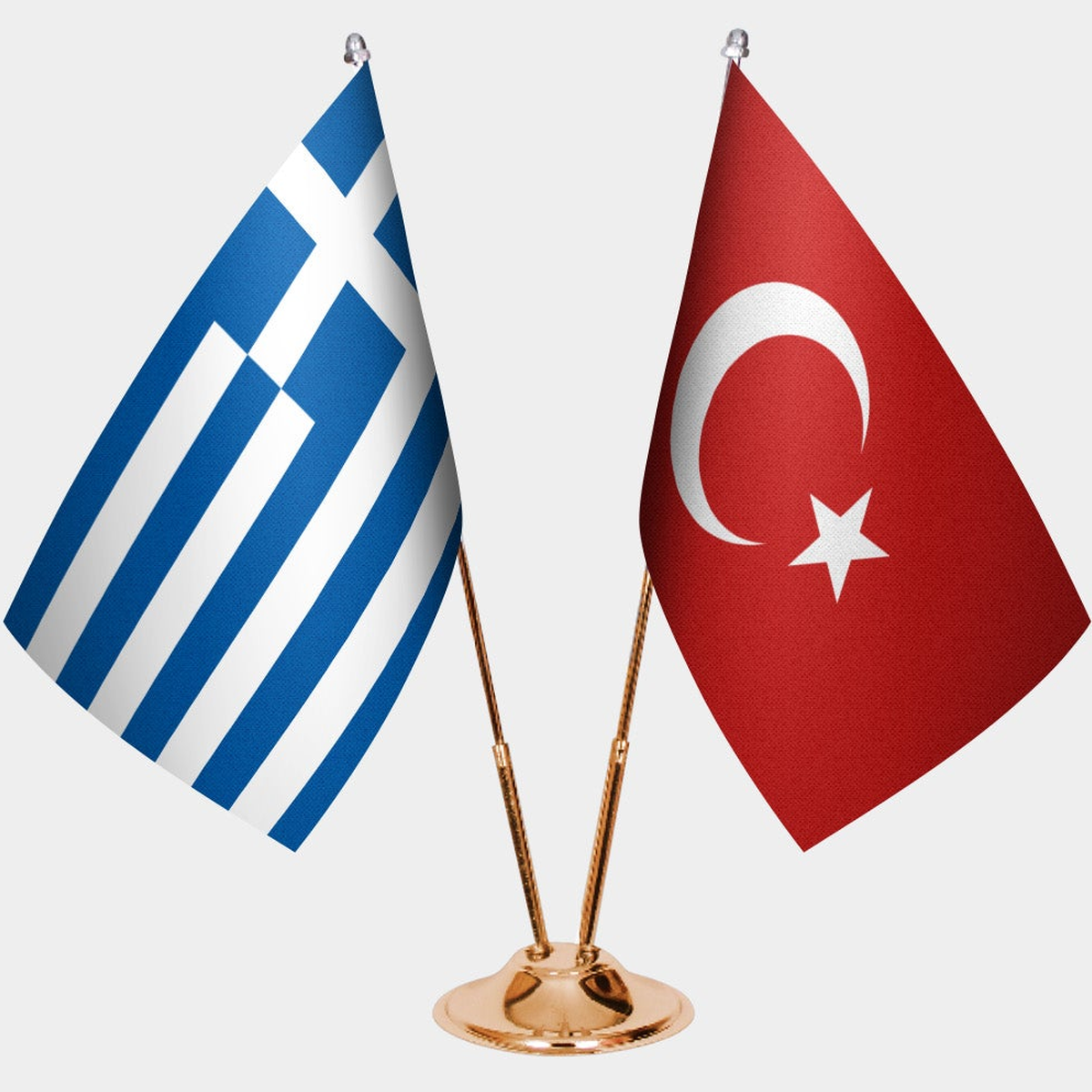Greece and Türkiye dual desk flag set with gold pedestal, satin office table flag