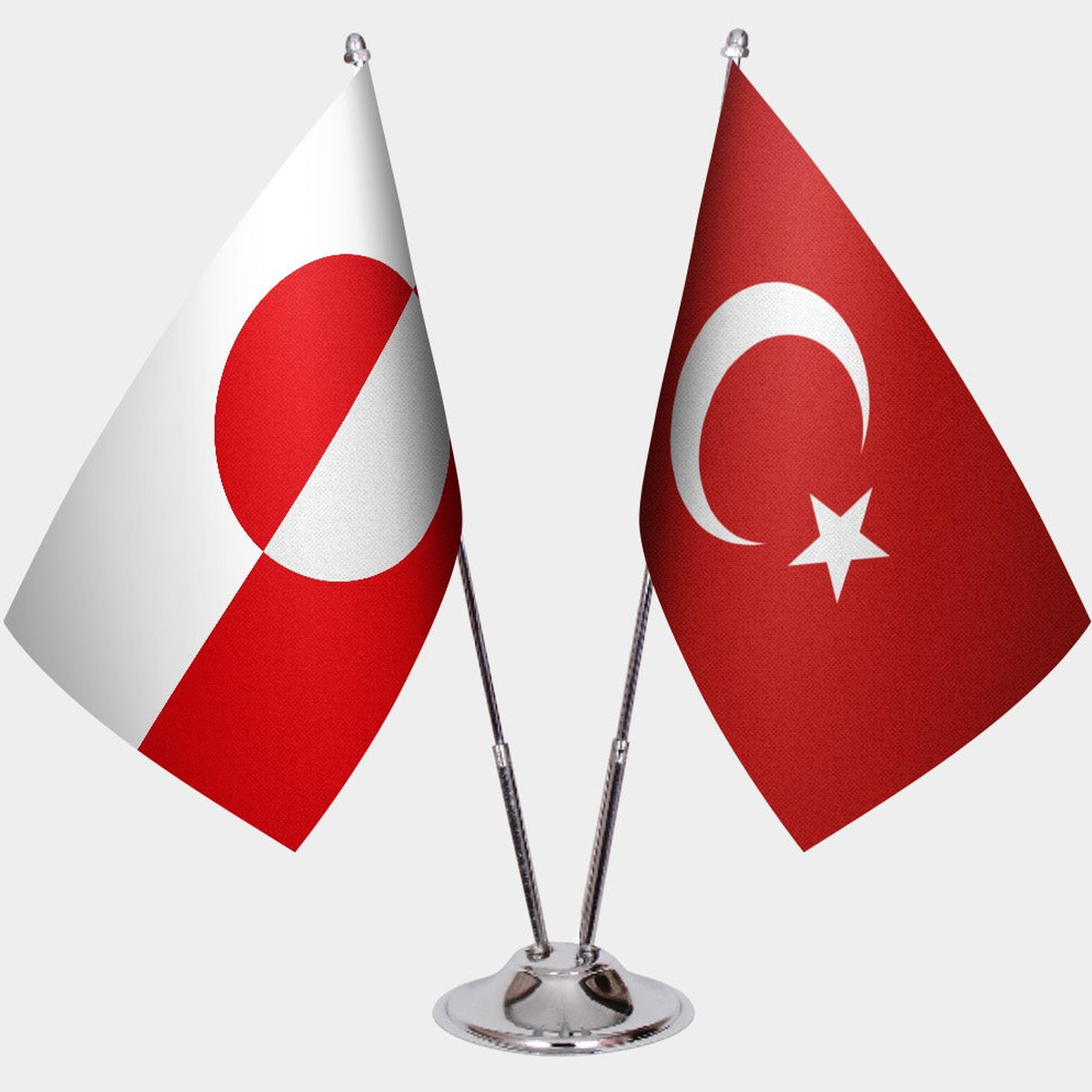 Greenland and Türkiye dual desk flag set with chrome silver pedestal, satin office table flag