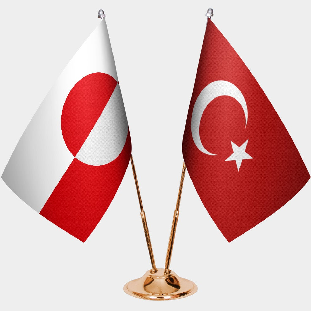 Greenland and Türkiye dual desk flag set with gold pedestal, satin office table flag