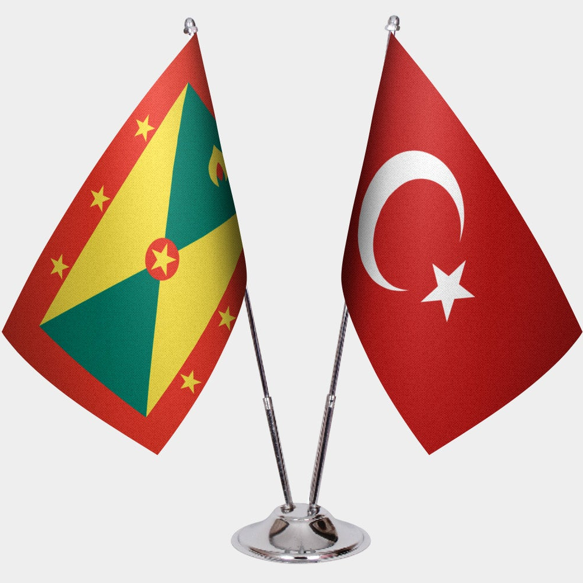 Grenada and Türkiye dual desk flag set with chrome silver pedestal, satin office table flag