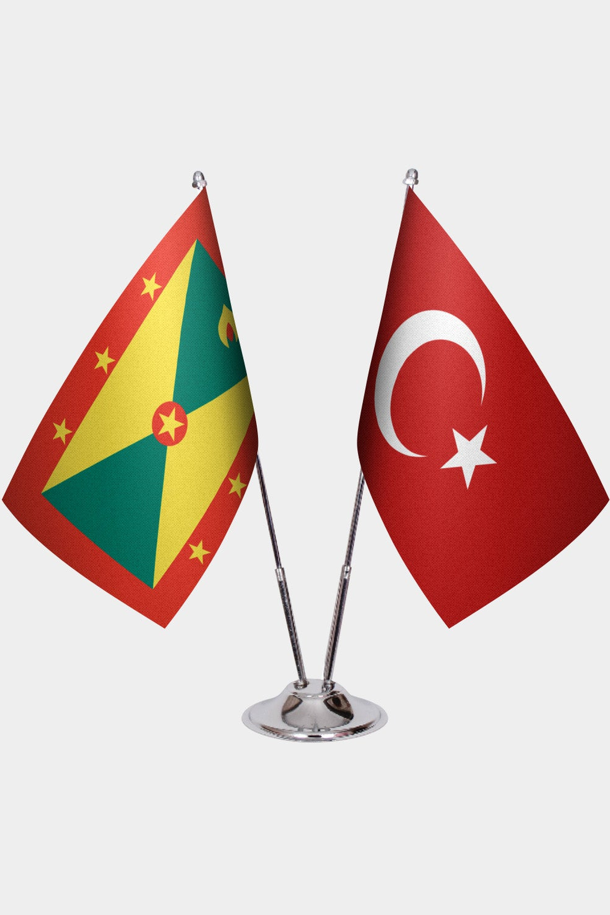 Grenada and Türkiye dual desk flag set with chrome silver pedestal, satin office table flag