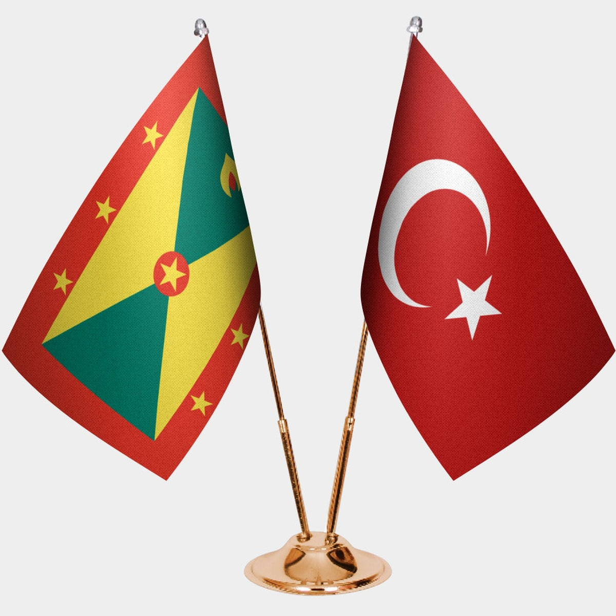 Grenada and Türkiye dual desk flag set with gold pedestal, satin office table flag