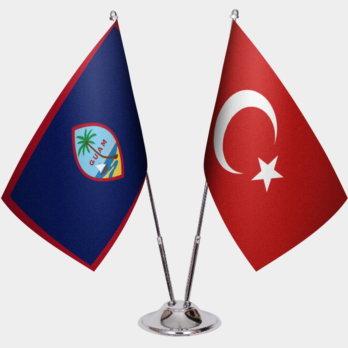 Guam and Türkiye dual desk flag set with chrome silver pedestal, satin office table flag