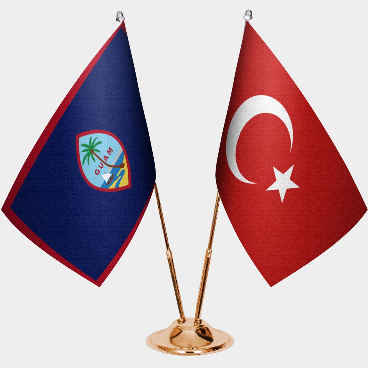 Guam and Türkiye dual desk flag set with gold pedestal, satin office table flag
