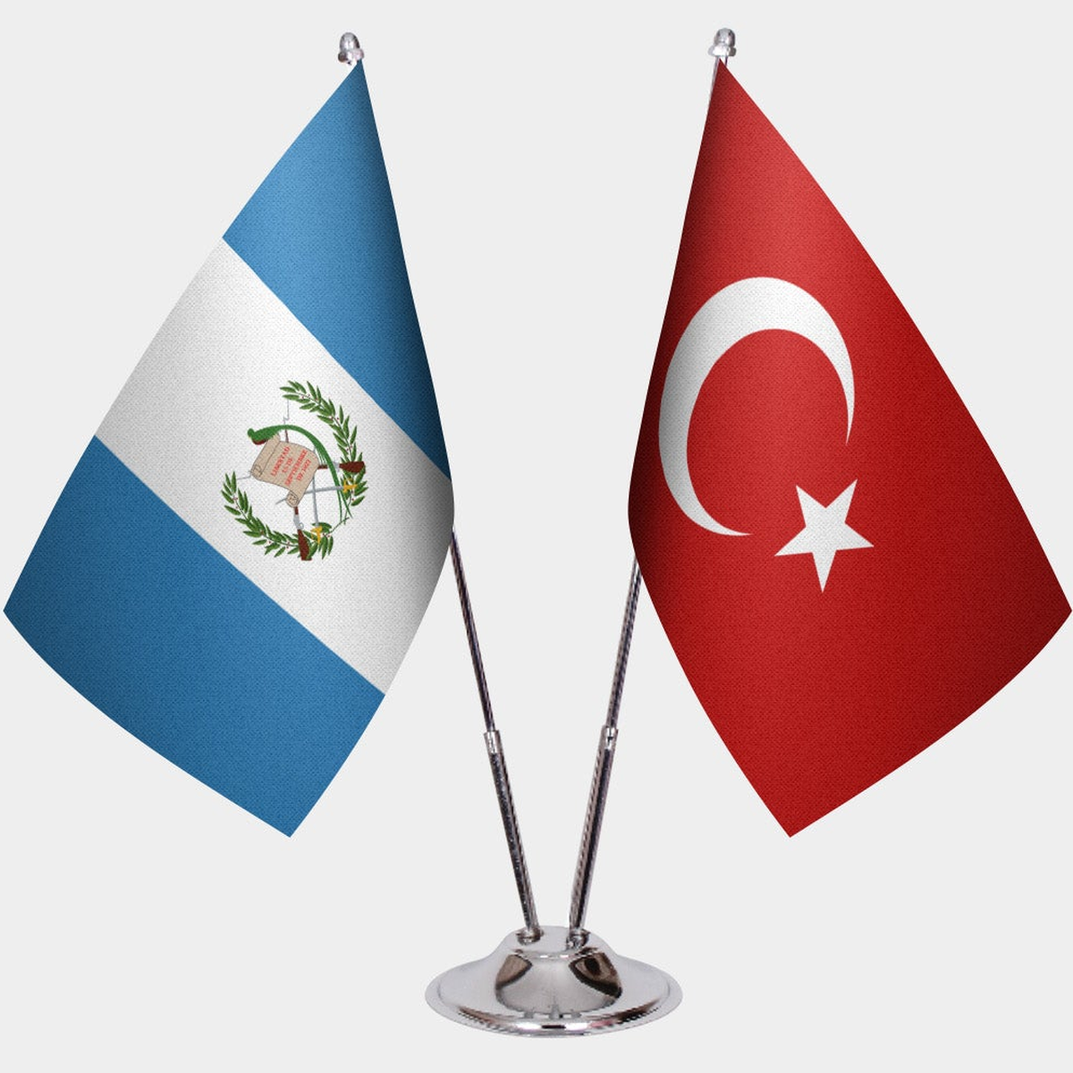 Guatemala and Türkiye dual desk flag set with chrome silver pedestal, satin office table flag