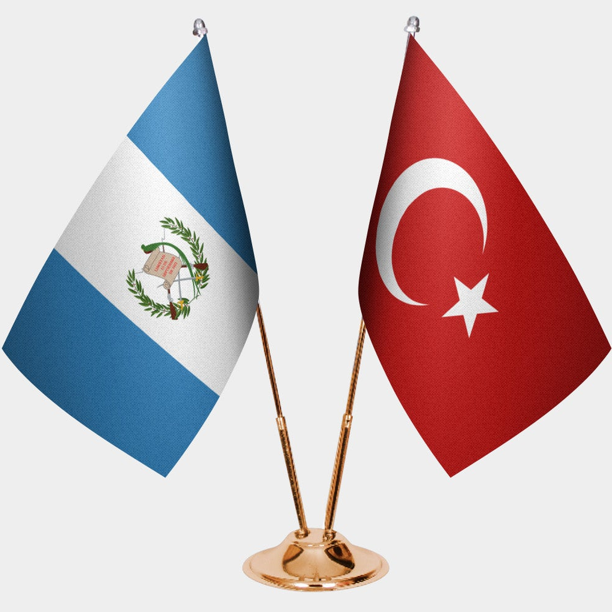 Guatemala and Türkiye dual desk flag set with gold pedestal, satin office table flag