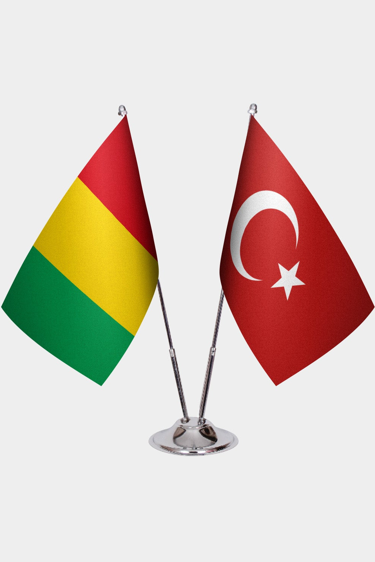 Guinea and Türkiye dual desk flag set with chrome silver pedestal, satin office table flag