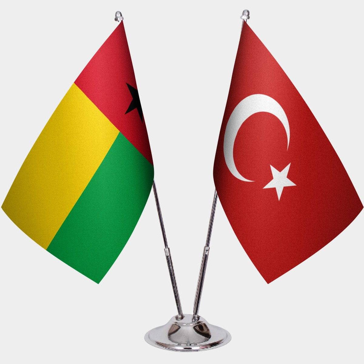 Guinea-Bissau and Türkiye dual desk flag set with chrome silver pedestal, satin office table flag
