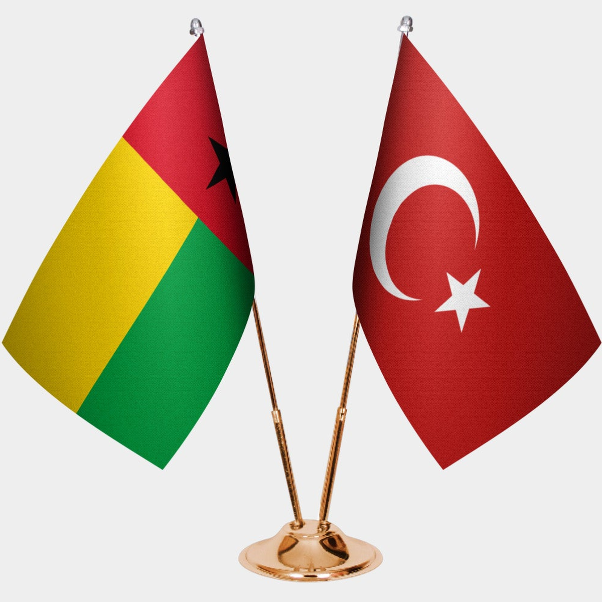 Guinea-Bissau and Türkiye dual desk flag set with gold pedestal, satin office table flag