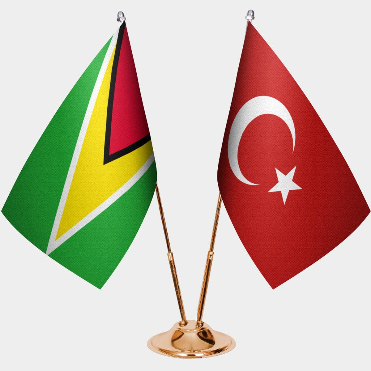 Guyana and Türkiye dual desk flag set with gold pedestal, satin office table flag
