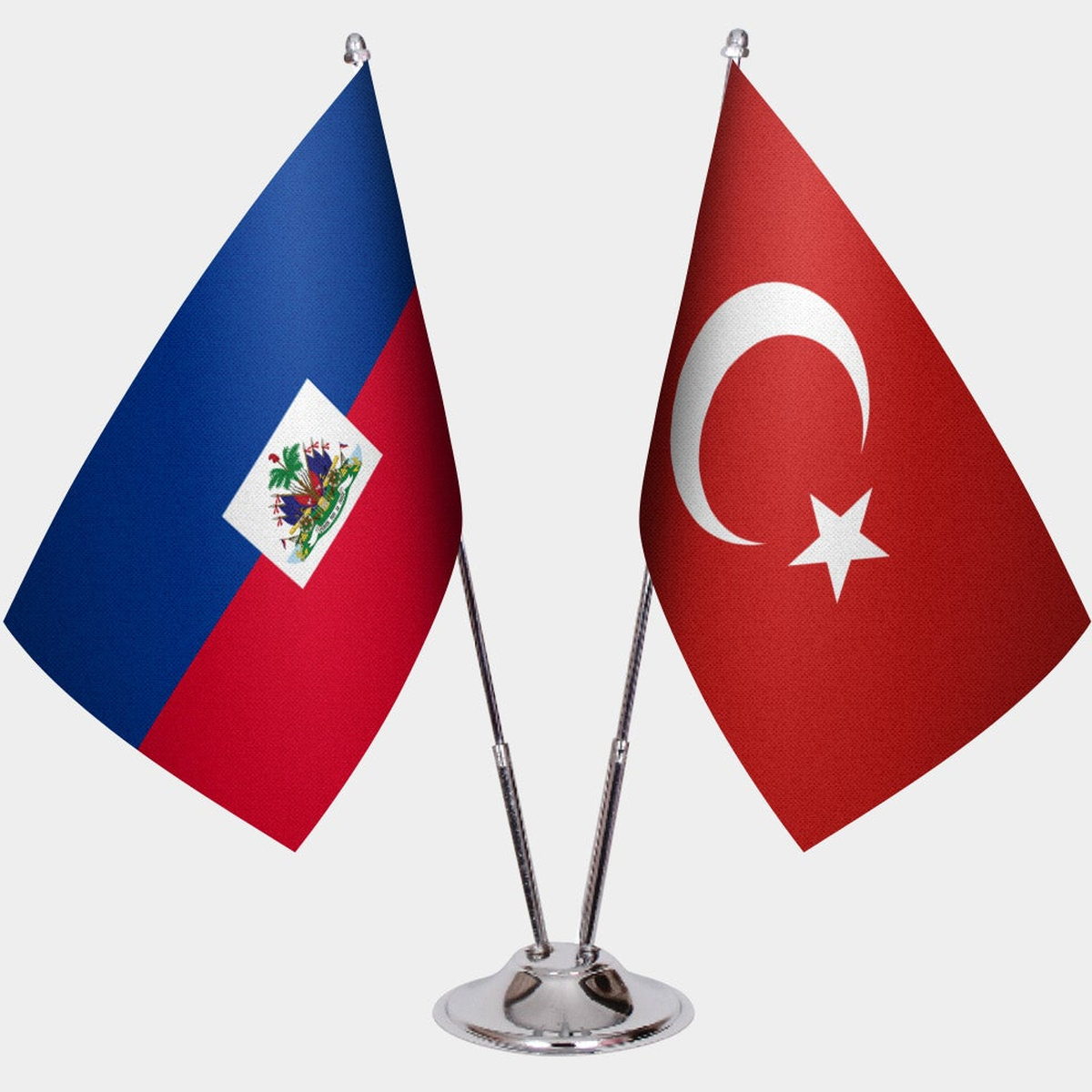 Haiti and Türkiye dual desk flag set with chrome silver pedestal, satin office table flag