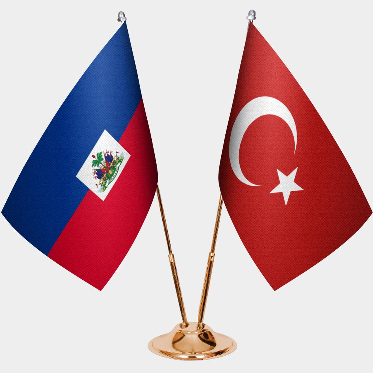 Haiti and Türkiye dual desk flag set with gold pedestal, satin office table flag