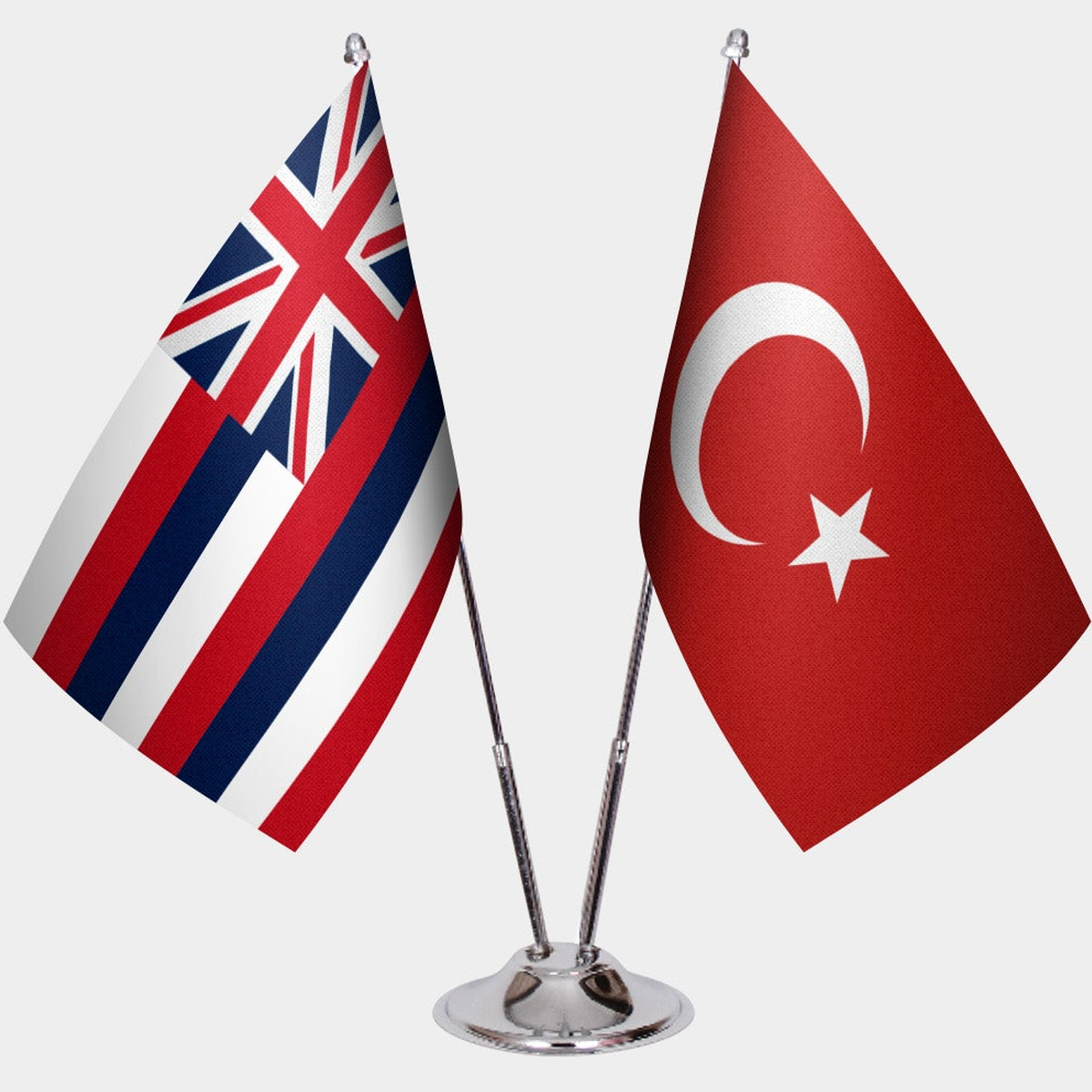 Hawaii and Türkiye dual desk flag set with chrome silver pedestal, satin office table flag