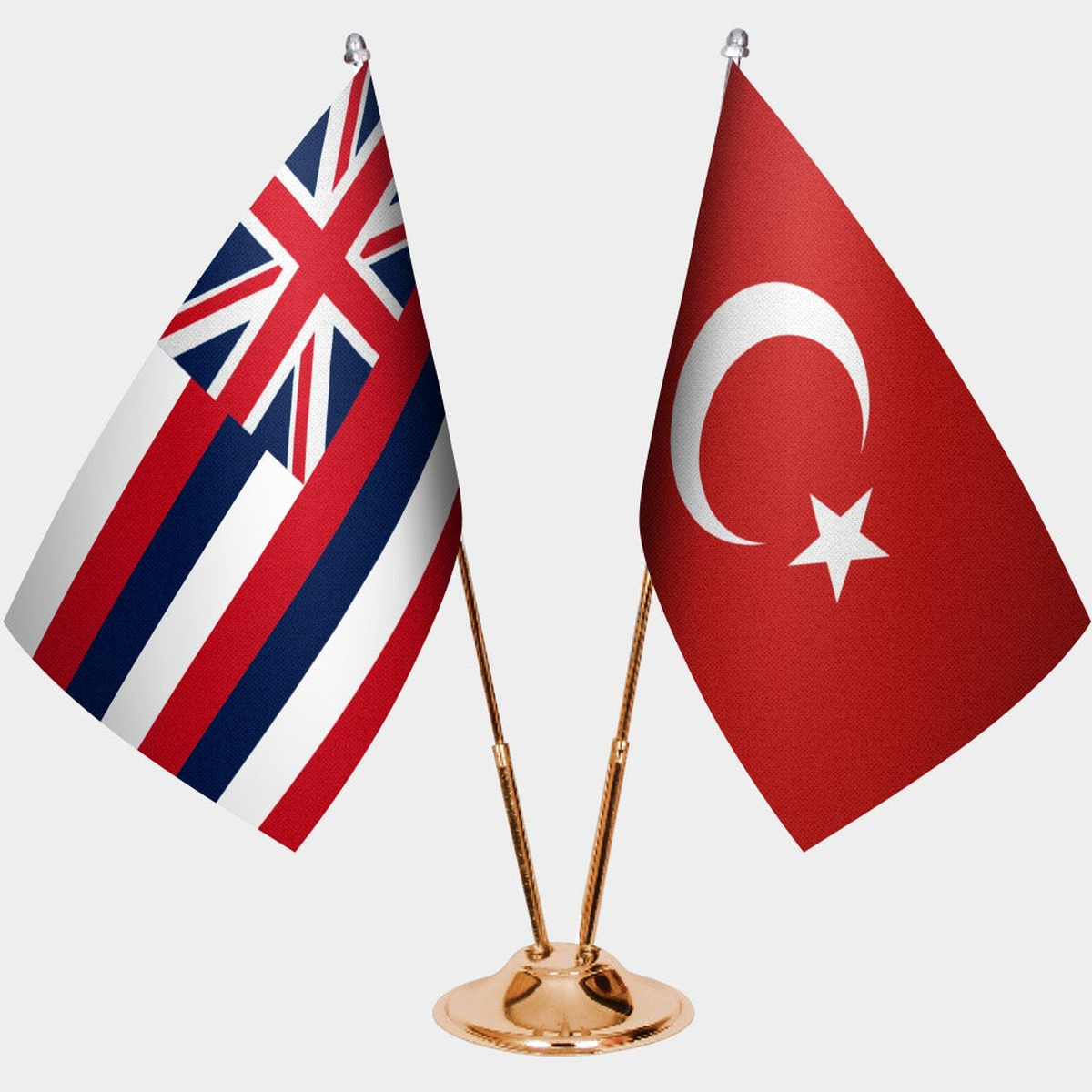 Hawaii and Türkiye dual desk flag set with gold pedestal, satin office table flag