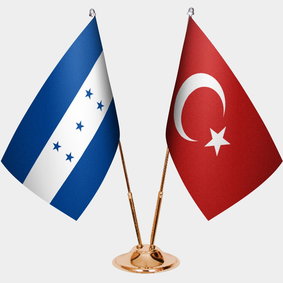 Honduras and Türkiye dual desk flag set with gold pedestal, satin office table flag