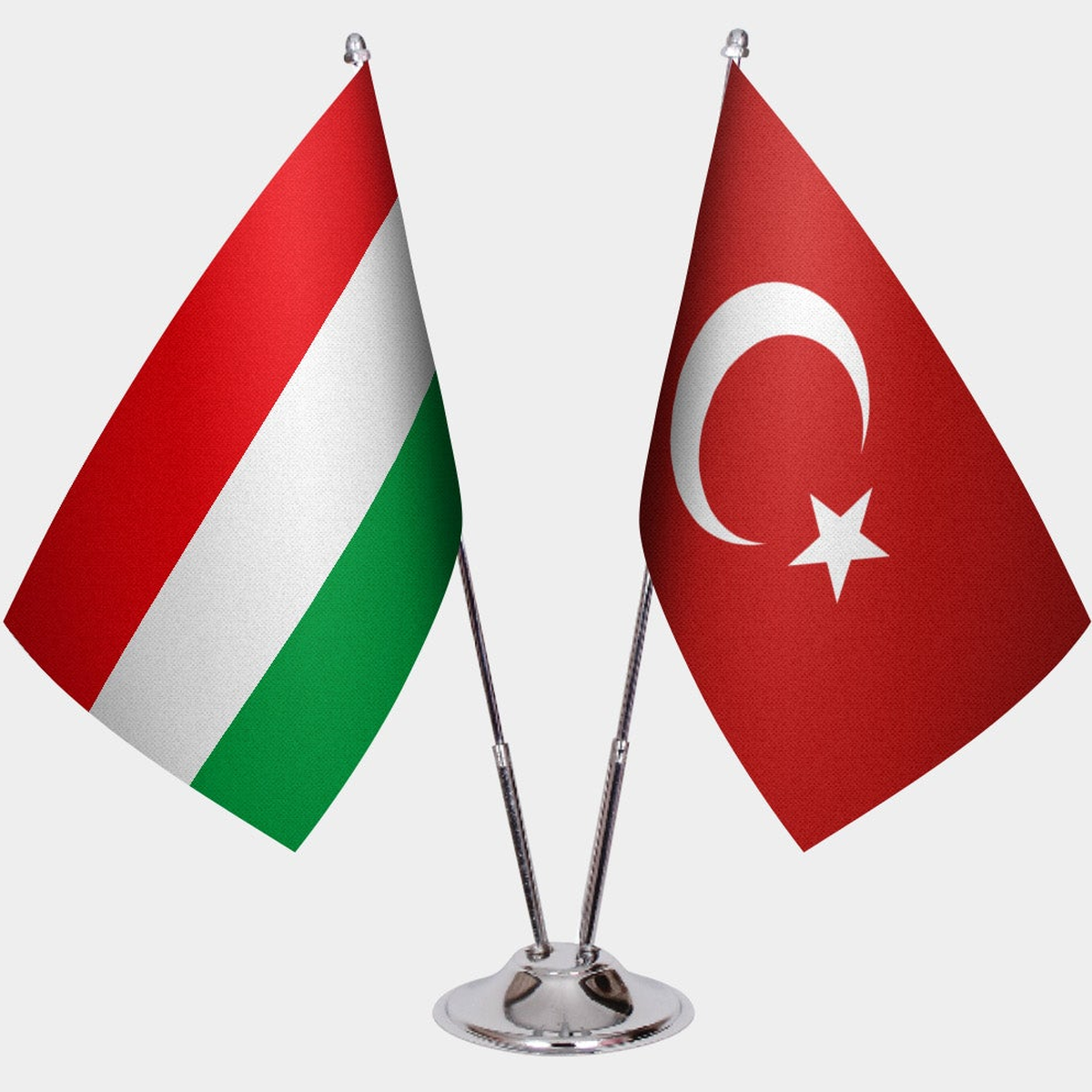 Hungary and Türkiye dual desk flag set with chrome silver pedestal, satin office table flag