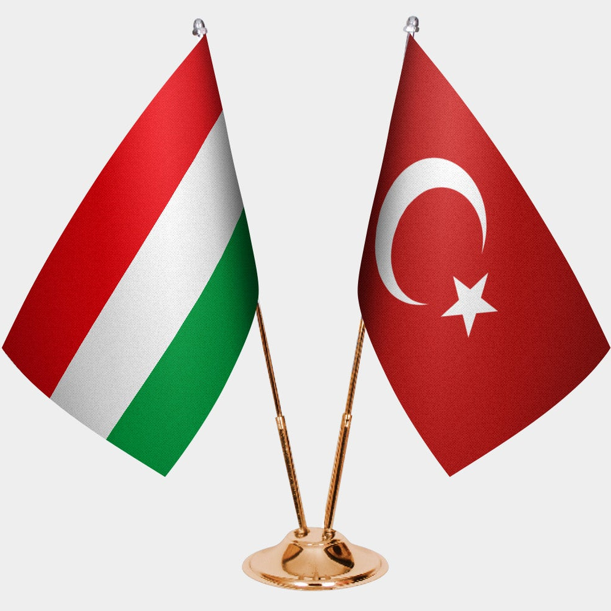 Hungary and Türkiye dual desk flag set with gold pedestal, satin office table flag