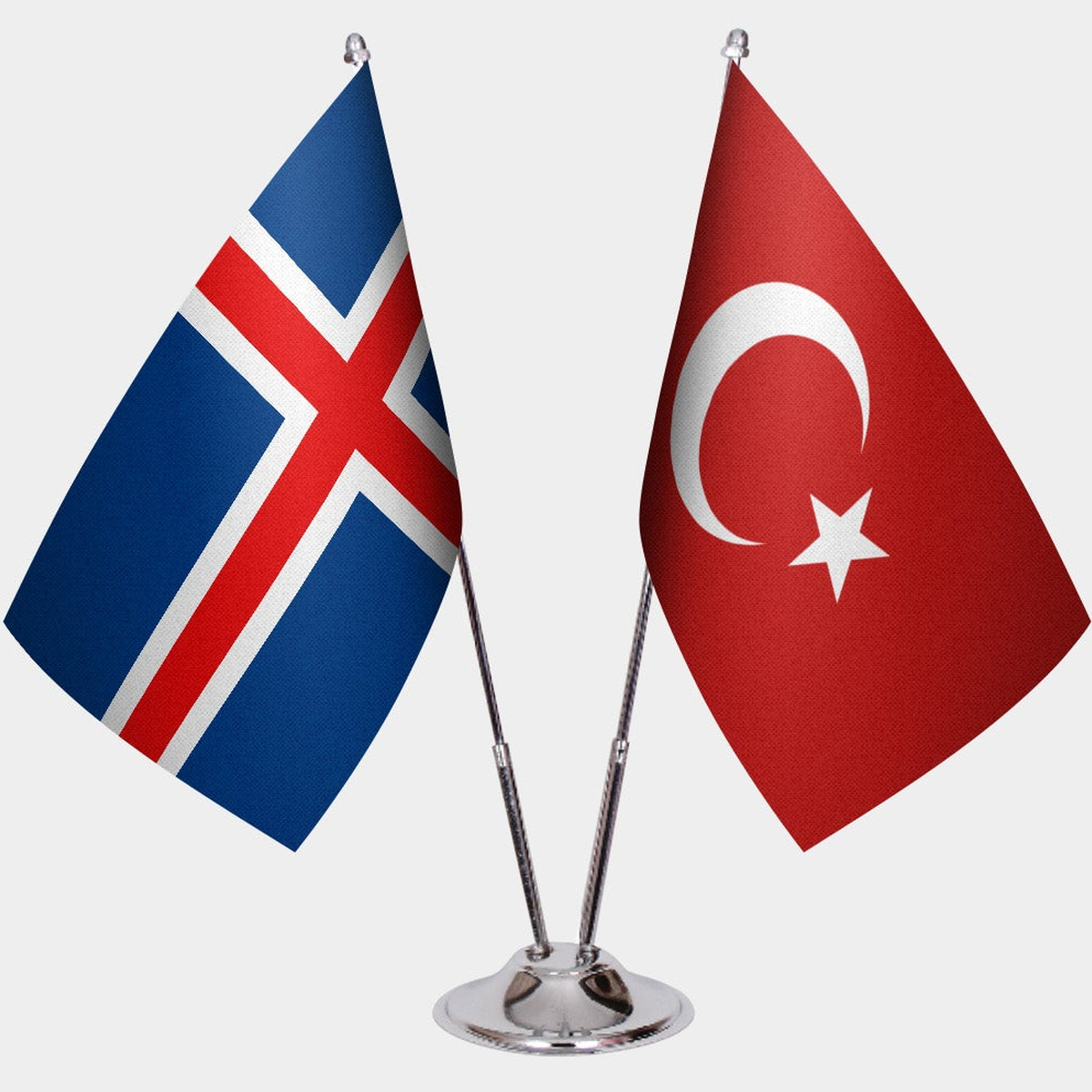 Iceland and Türkiye dual desk flag set with chrome silver pedestal, satin office table flag