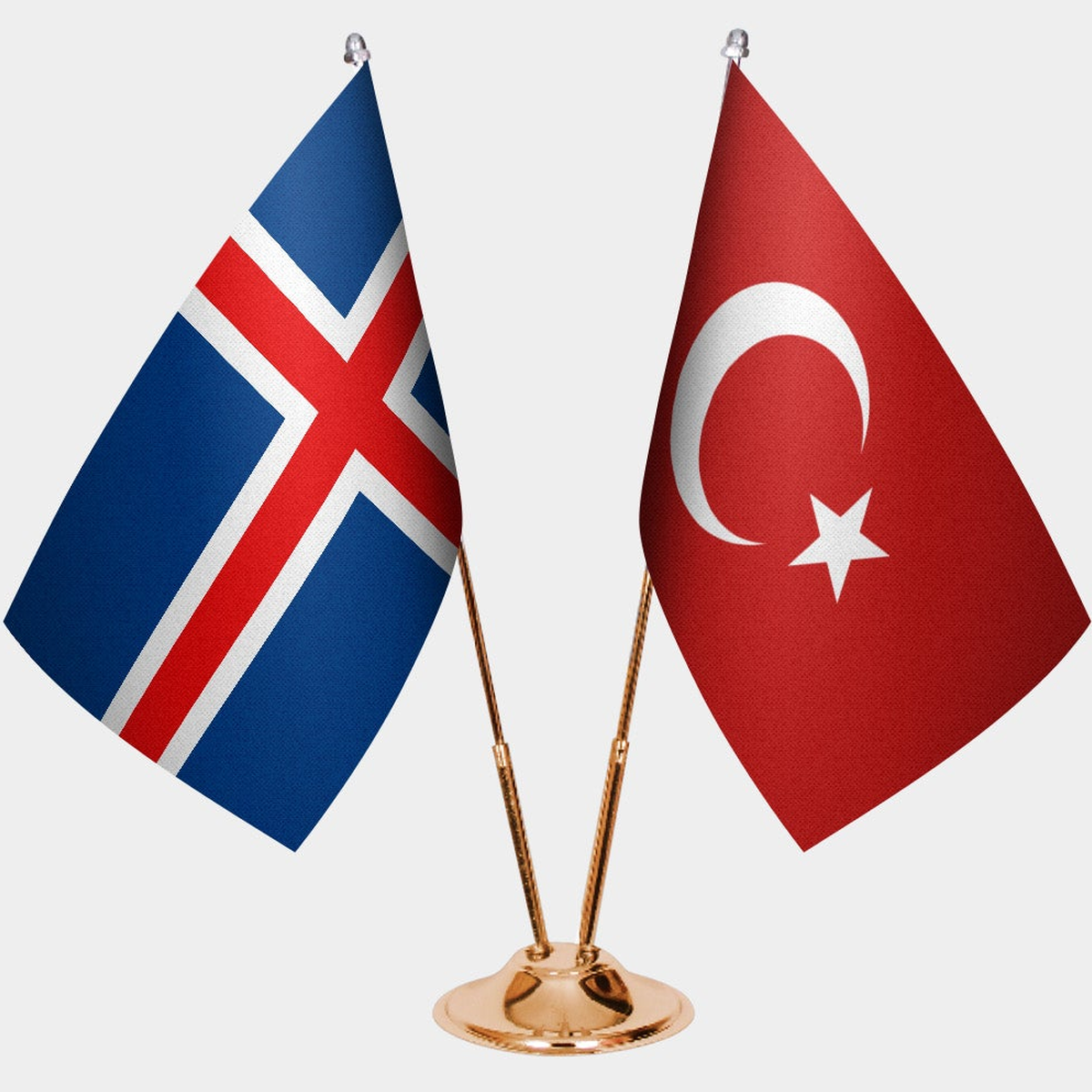 Iceland and Türkiye dual desk flag set with gold pedestal, satin office table flag