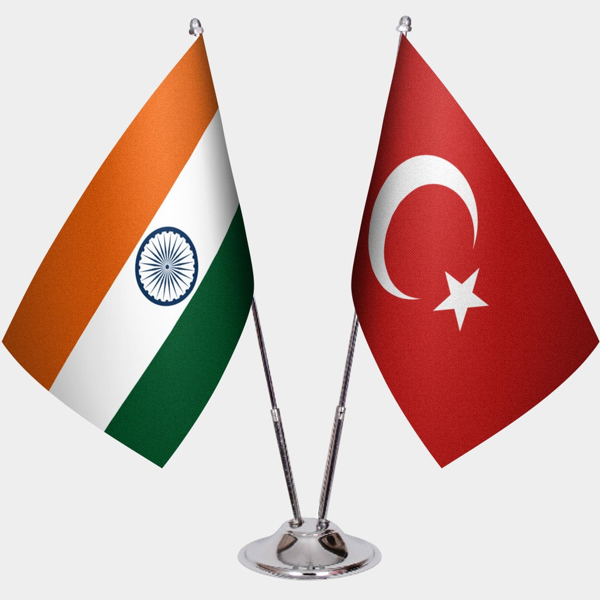 India and Türkiye dual desk flag set with chrome silver pedestal, satin office table flag