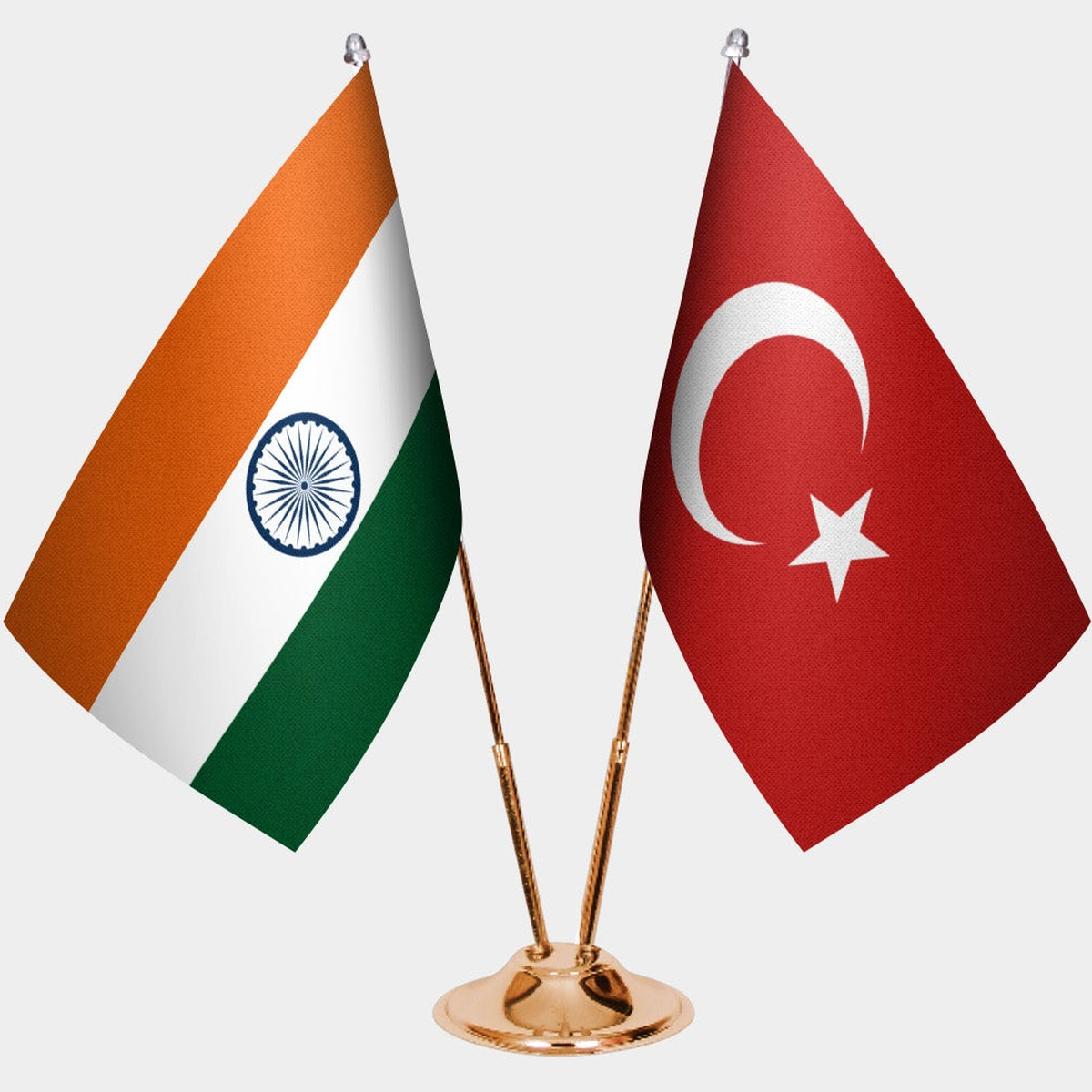 India and Türkiye dual desk flag set with gold pedestal, satin office table flag