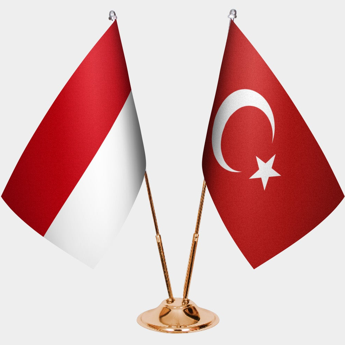 Indonesia and Türkiye dual desk flag set with gold pedestal, satin office table flag