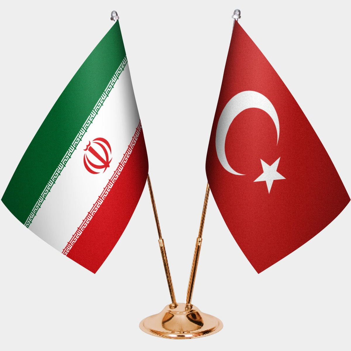 Iran and Türkiye dual desk flag set with gold pedestal, satin office table flag