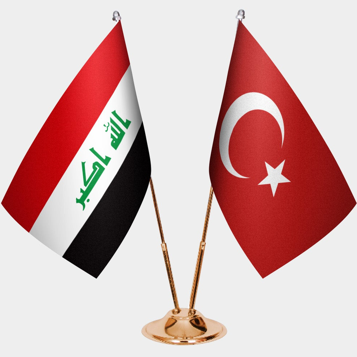 Iraq and Türkiye dual desk flag set with gold pedestal, satin office table flag