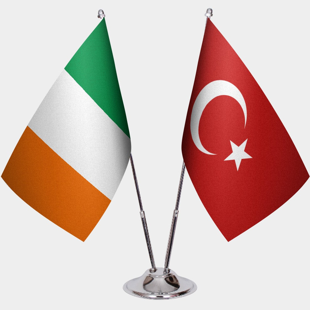 Ireland and Türkiye dual desk flag set with chrome silver pedestal, satin office table flag