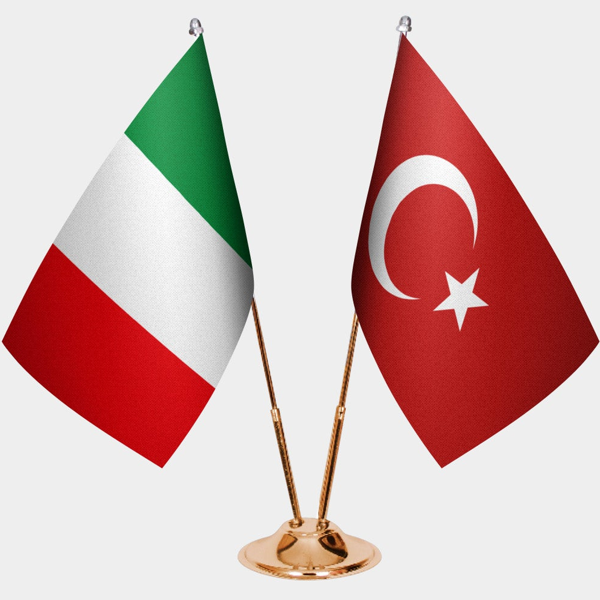 Italy and Türkiye dual desk flag set with gold pedestal, satin office table flag