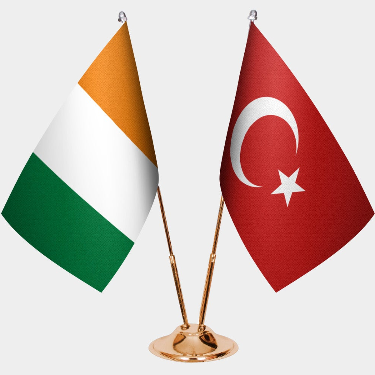 Ivory Coast and Türkiye dual desk flag set with gold pedestal, satin office table flag
