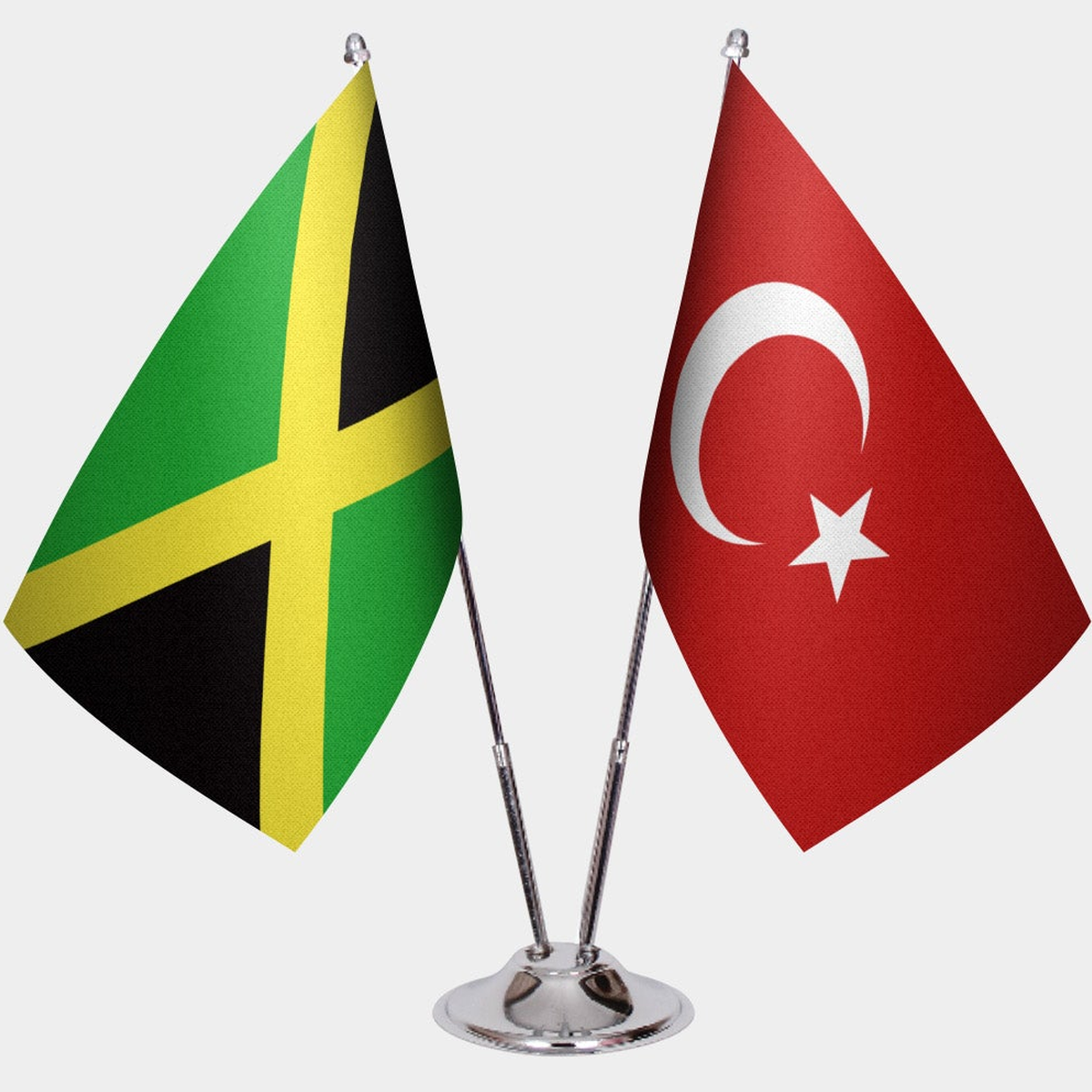 Jamaica and Türkiye dual desk flag set with chrome silver pedestal, satin office table flag