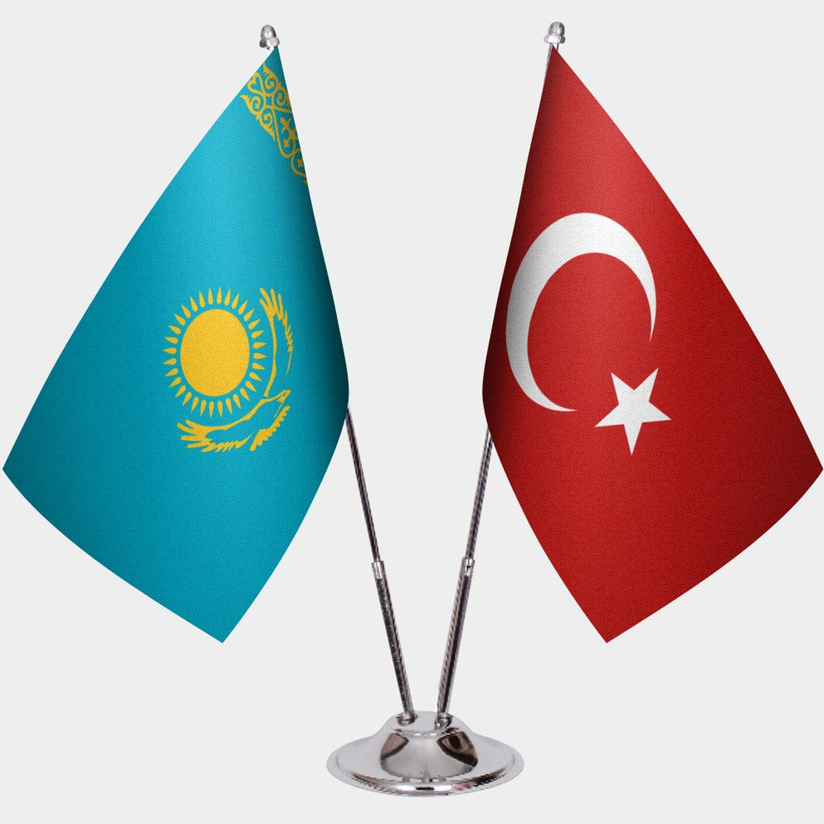 Kazakhstan and Türkiye dual desk flag set with chrome silver pedestal, satin office table flag