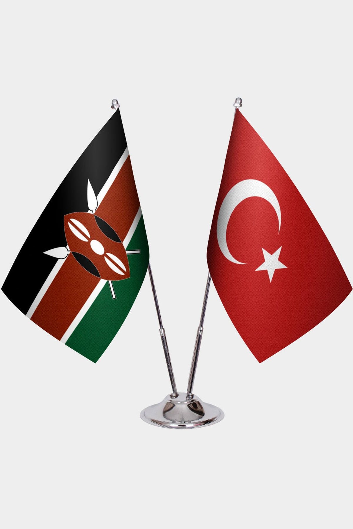 Kenya and Türkiye dual desk flag set with chrome silver pedestal, satin office table flag