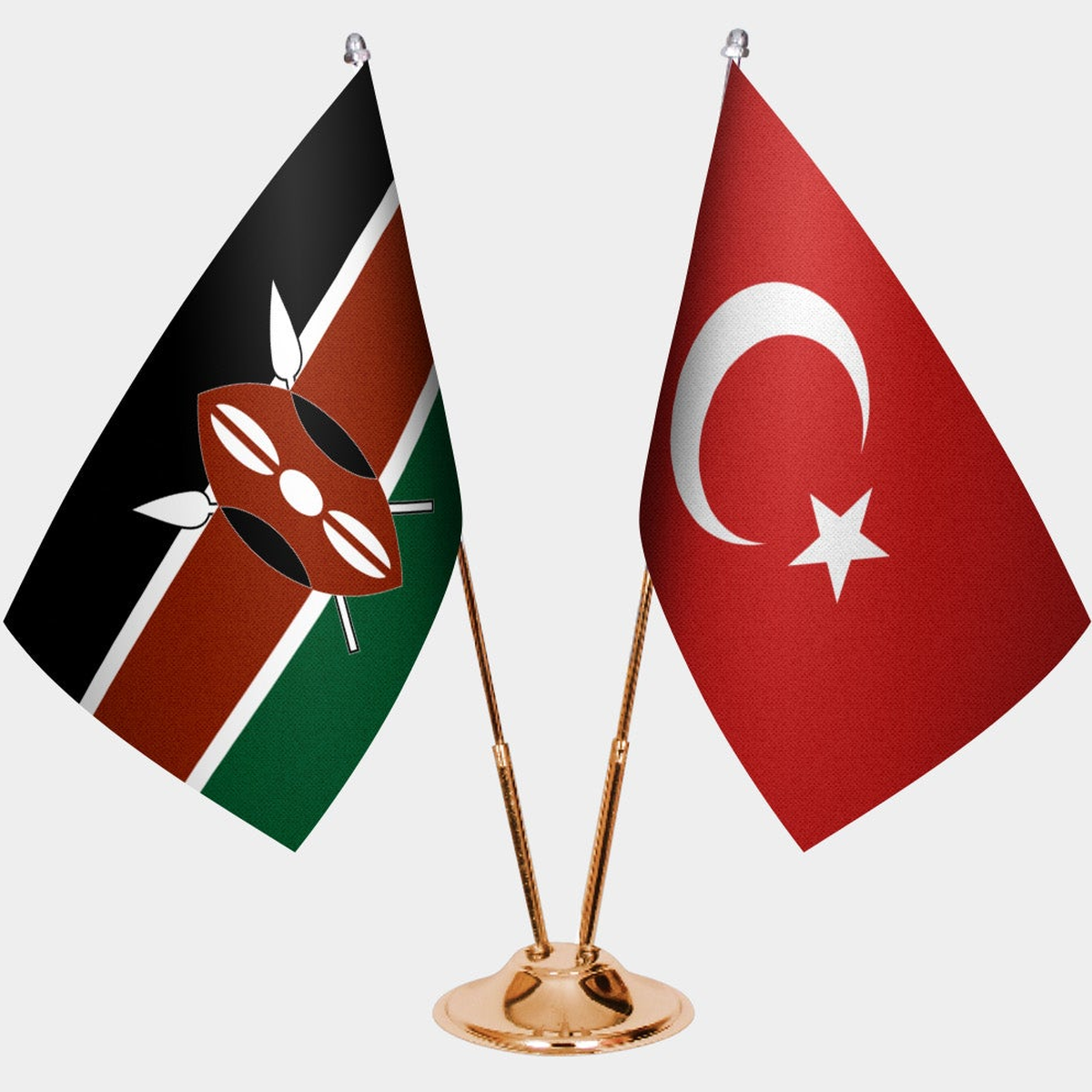 Kenya and Türkiye dual desk flag set with gold pedestal, satin office table flag