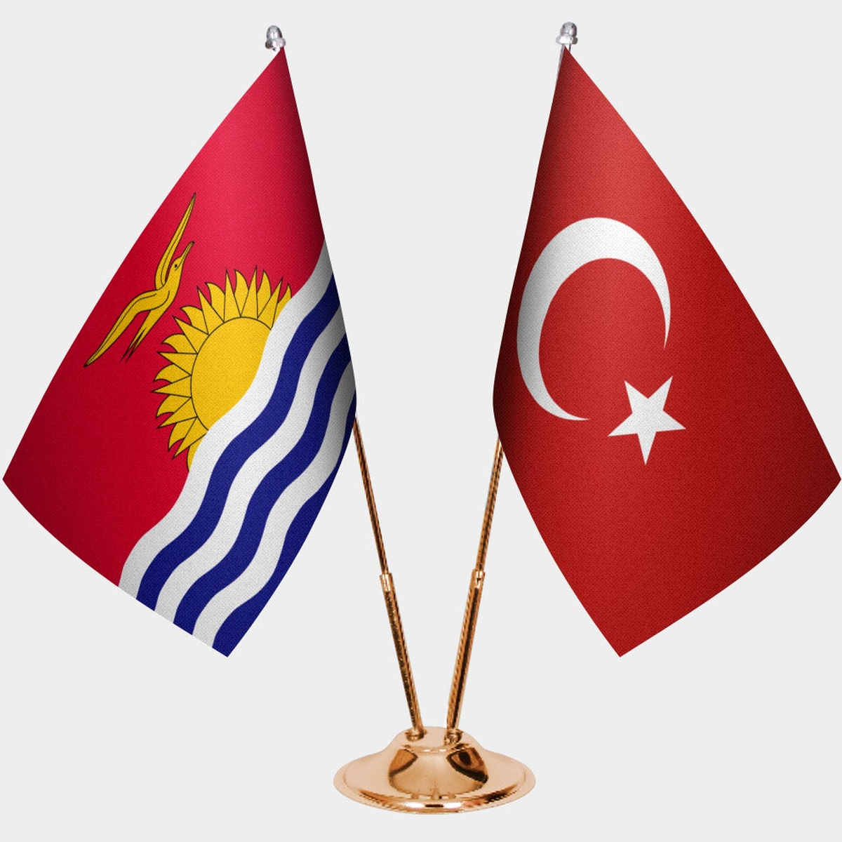 Kiribati and Türkiye dual desk flag set with gold pedestal, satin office table flag