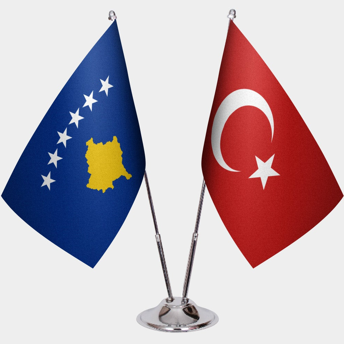 Kosovo and Türkiye dual desk flag set with chrome silver pedestal, satin office table flag